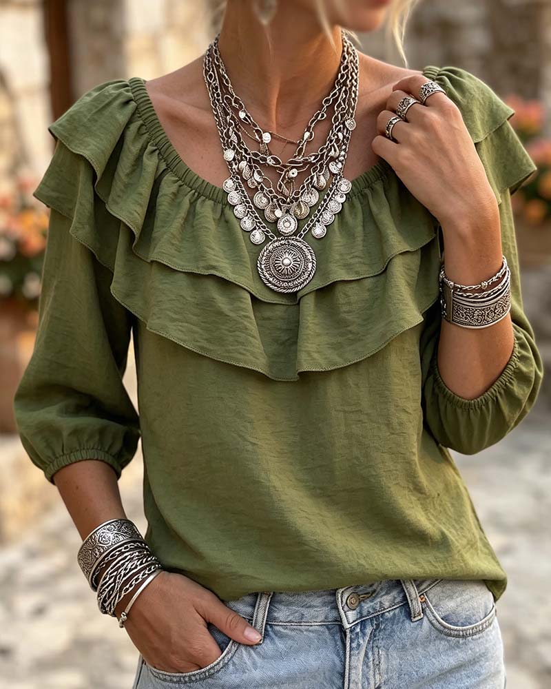 Blouse Double Couche Volant Manche Trois Quarts
