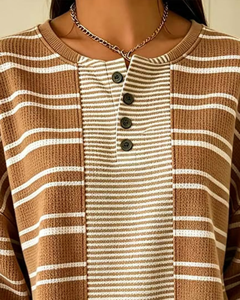 Sweatshirt Rayé Patchwork Manches Longues Henley