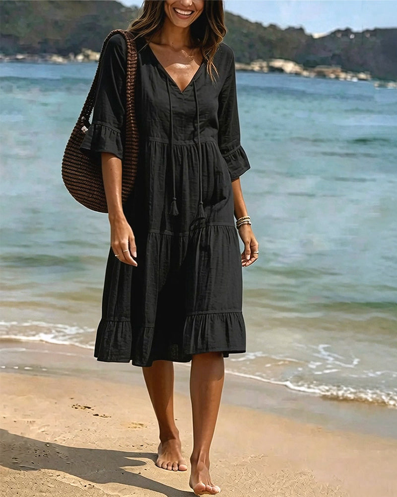 Robe Évasée Demi-Manche Nœud À La Taille