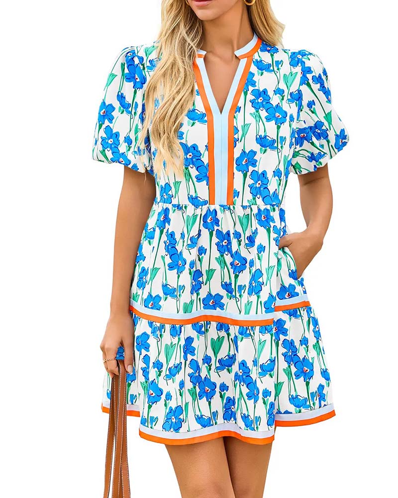 Robe Col V Floral Manche Ballon Patchwork