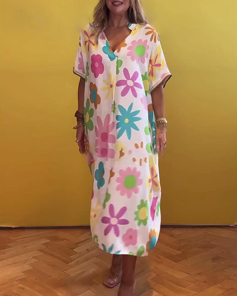 Robe ample col V imprimé fleuri