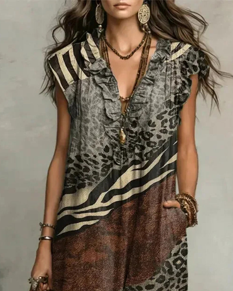 Robe Col En V Volant Motif Patchwork