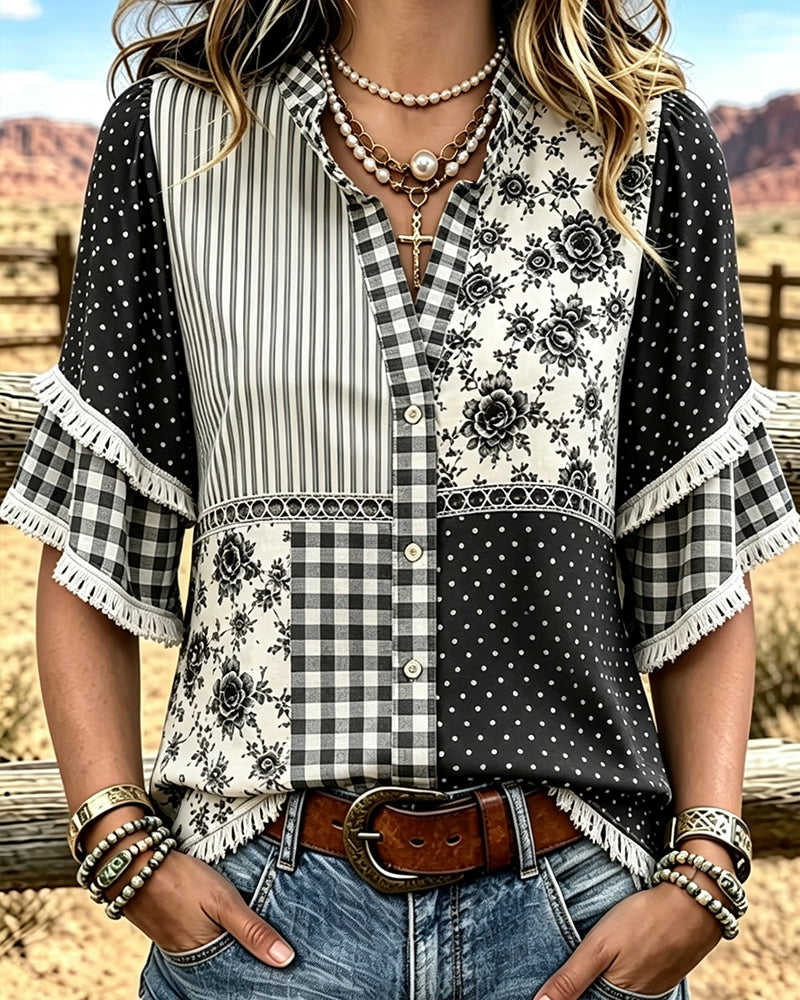 Blouse Col Mandarine Polka Dot Carreau