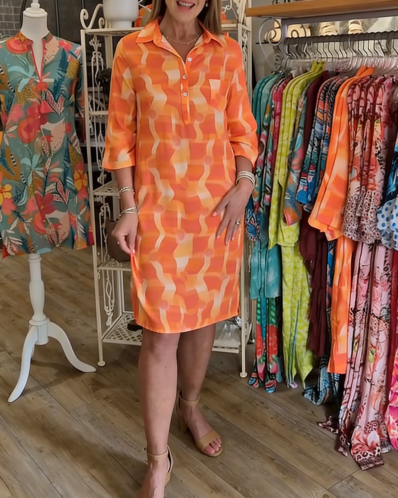 Robe Manche Trois-Quarts À Col Imprimé Géométrique