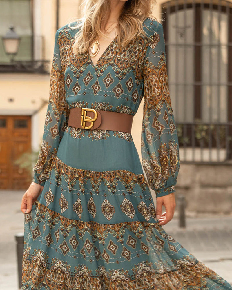 Robe Col V Style Ethnique Vacances Décontractées