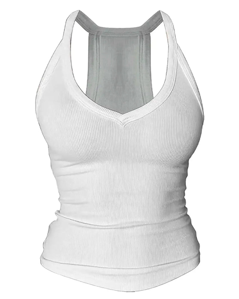 Haut Cami Soutien-Gorge Intégré Col En V Côtes Bretelles Spaghetti