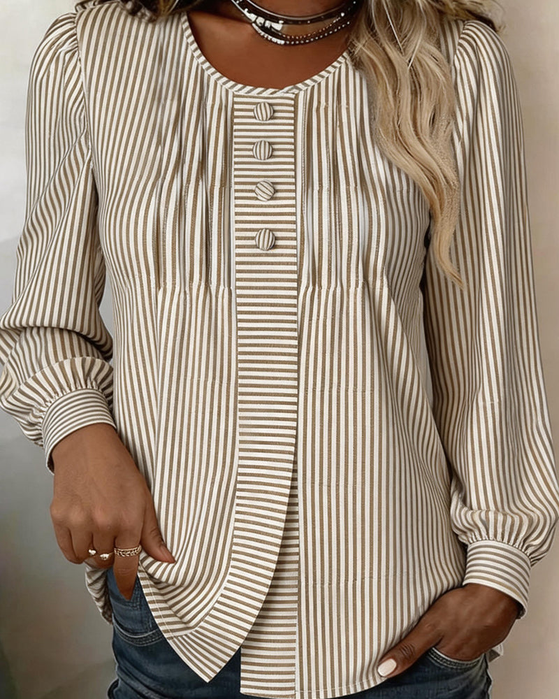 Blouse Col Rond Bouton Devant Rayure Manches Ballon