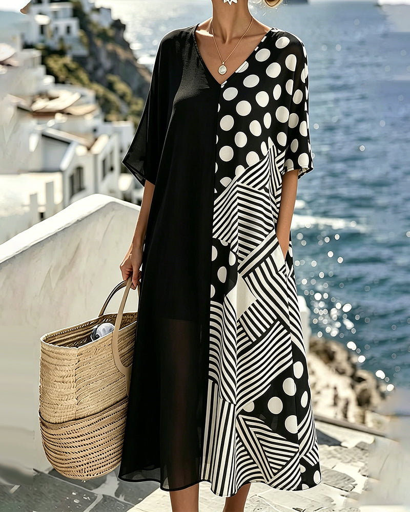 Robe Col V Polka Dot Rayure Patchwork