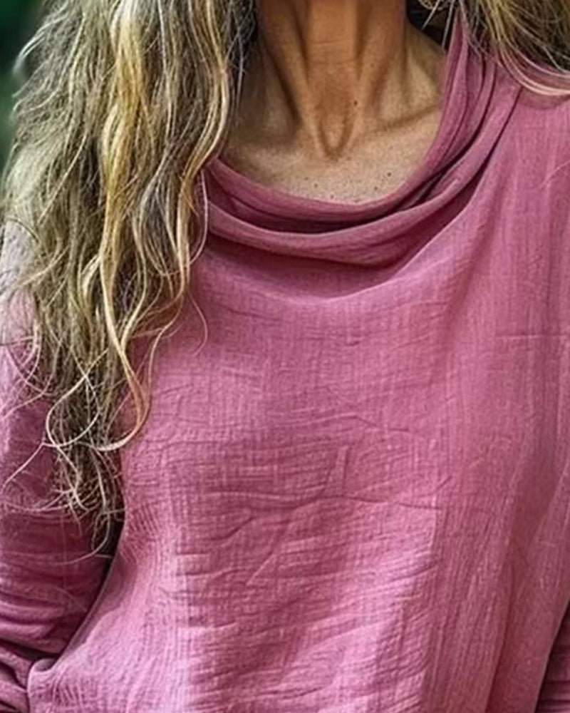 Blouse Col Drapé Décontractée Unie Manche Longue