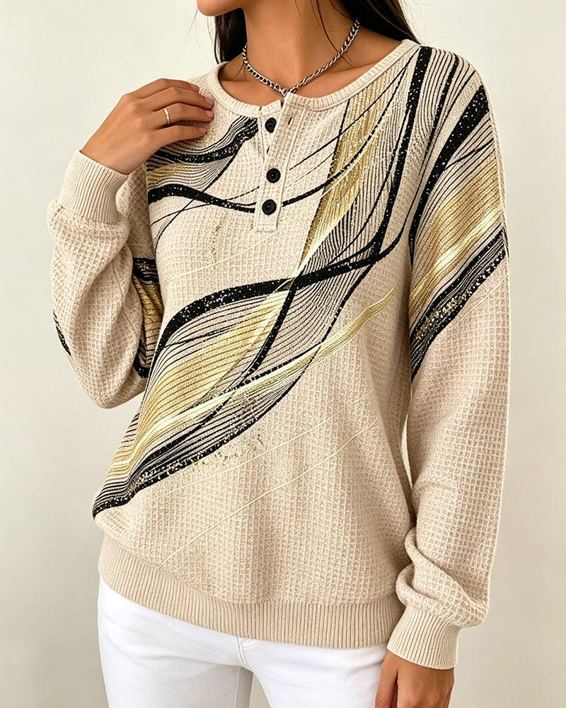 Sweatshirt Col-Rond Boutonné Rayé