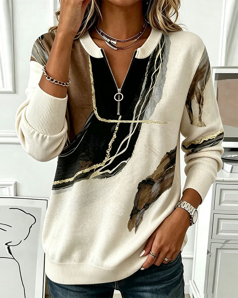 Sweat-Shirt Col Rond Imprimé Demi-Zip