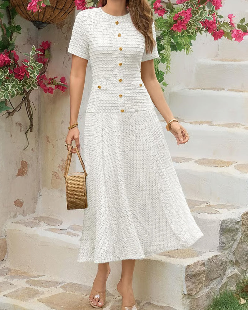 Robe Col Rond Ajustée Bouton Patchwork