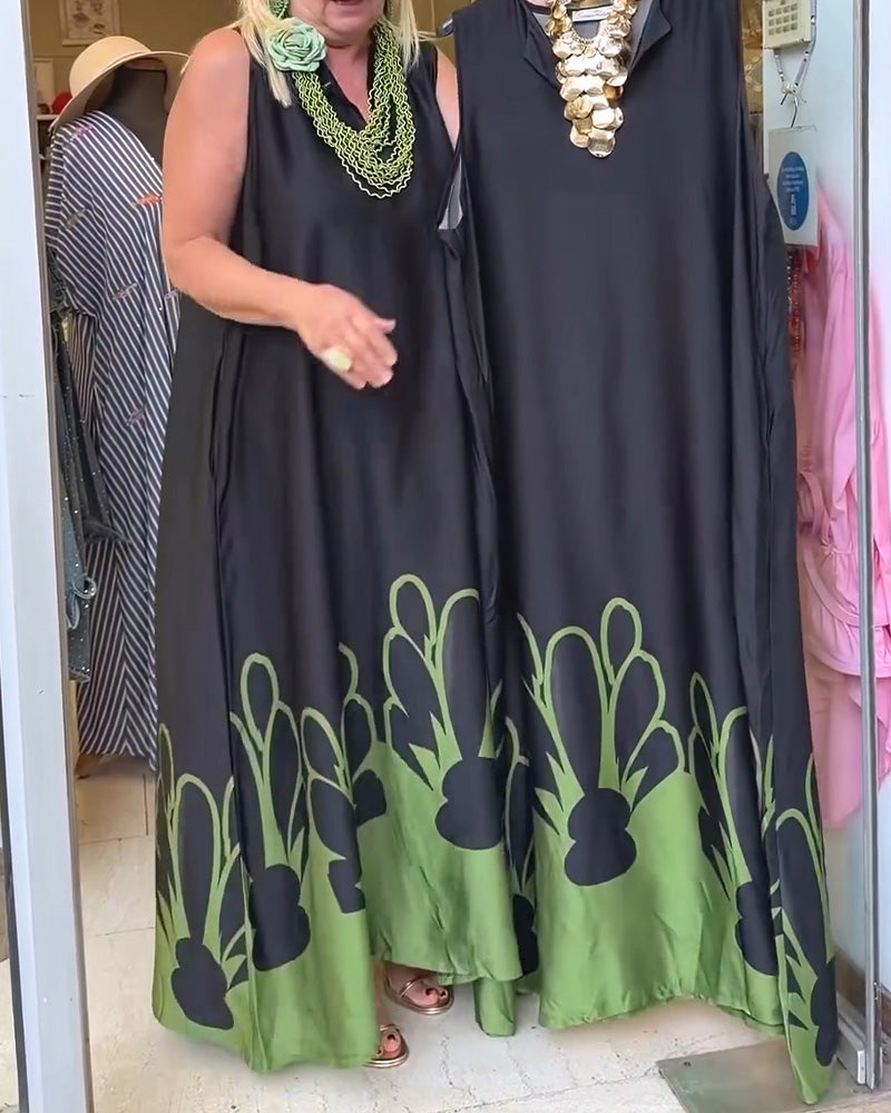 Robe Revers Sans-Manches Bloc-Couleur Jupe-Pleine