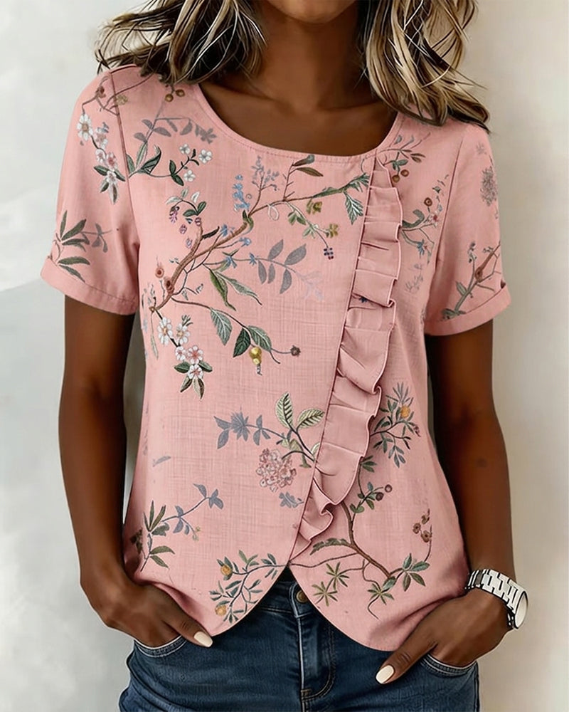 Blouse Col Rond Manches Courtes Volantée Florale
