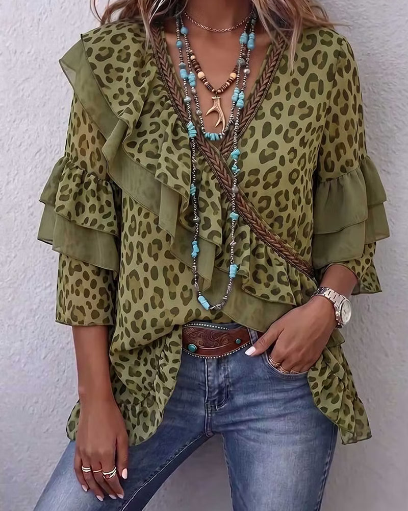 Blouse Col V Volant Léopard