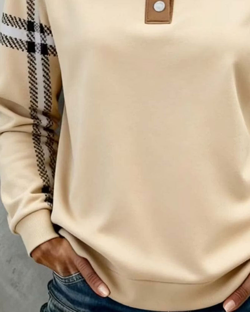Sweatshirt Col Roulé Bouton Rayé Manches Longues