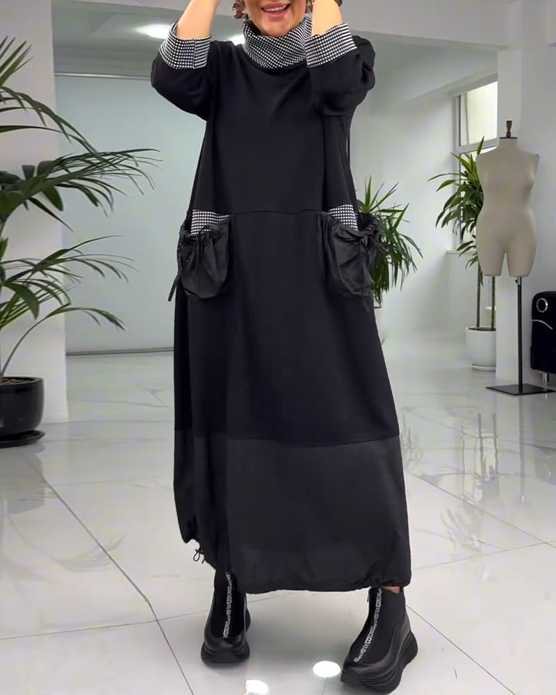 Robe patchwork à carreaux décontractée avec col montant et poche