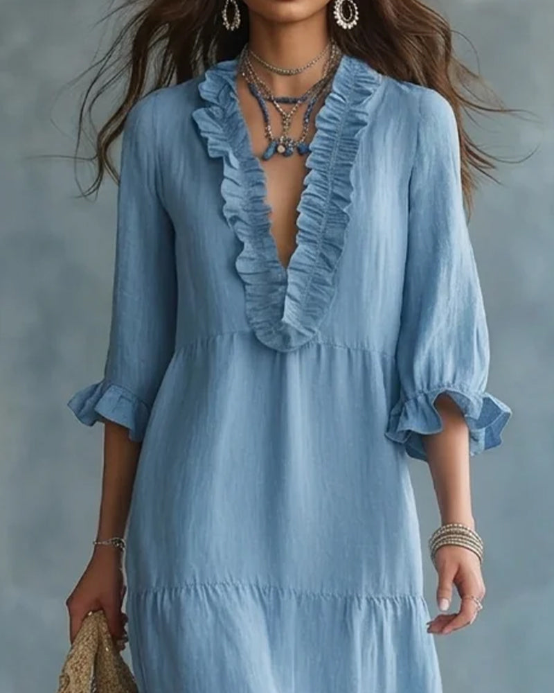 Robe Col En V Volant Superposé Longue