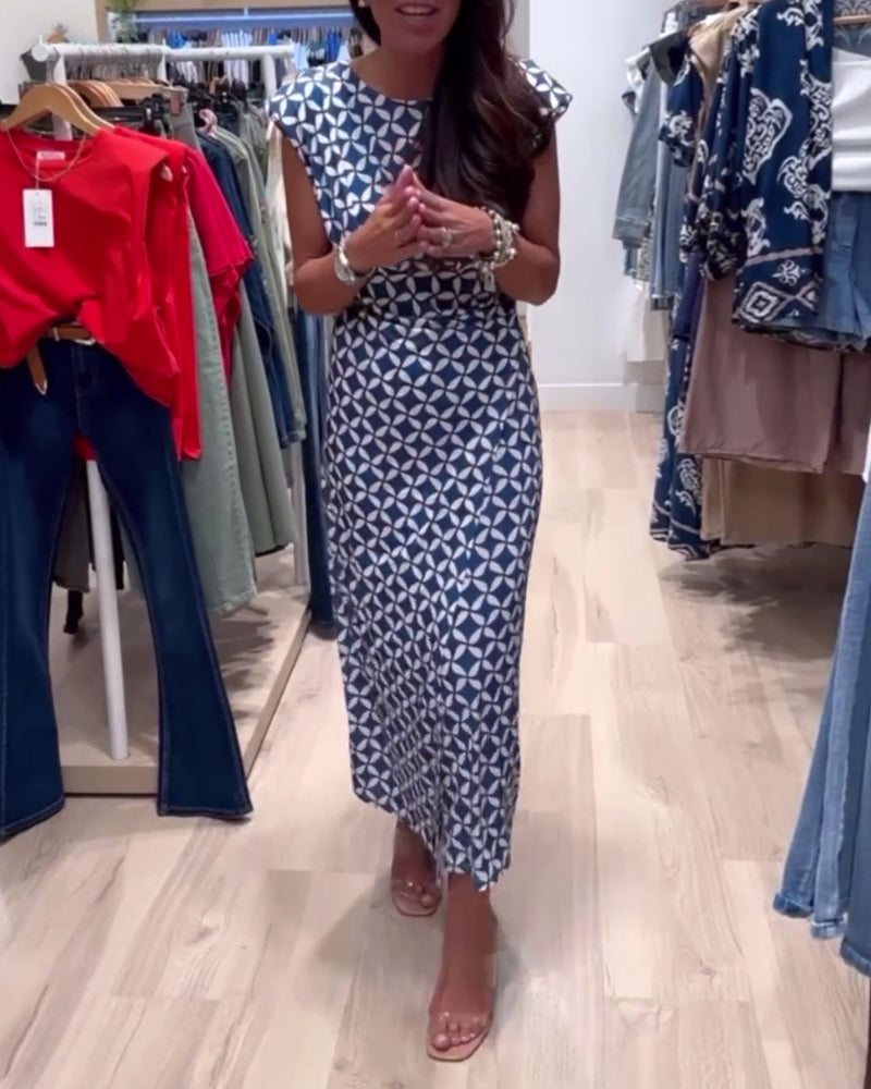 Robe élégante sans manches à col rond et imprimé géométrique