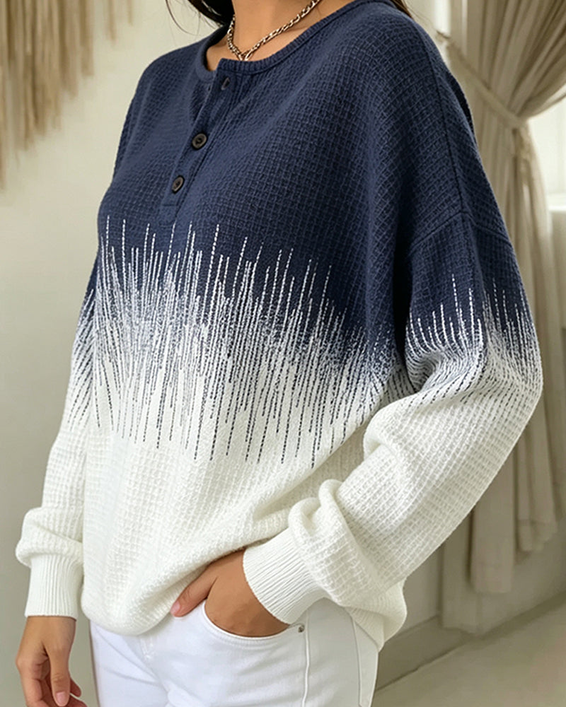 Sweatshirt Col Rond Bouton Tricot Gaufré Bloc De Couleur