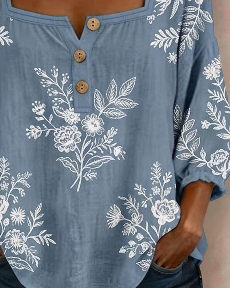 Blouse Col Carré Imprimé Lâche