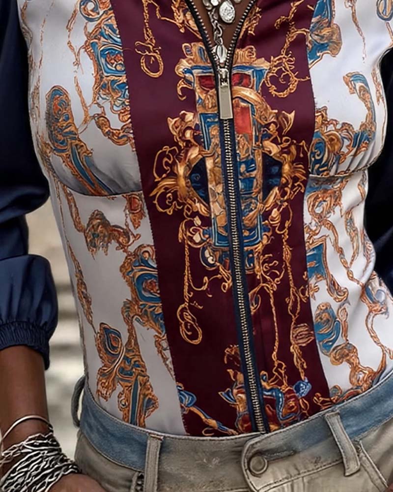 Haut Manches Bouffantes Patchwork Imprimé Fermeture Éclair
