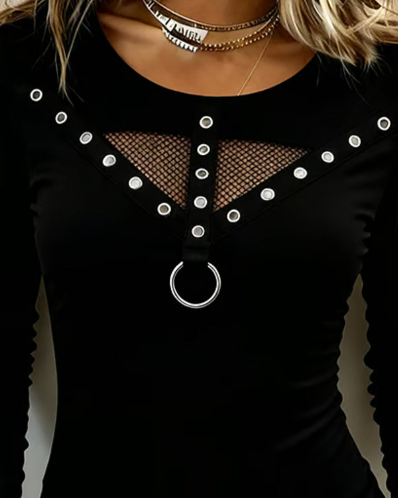 Blouse Col Rond Dentelle Panneau Découpe Anneau Métallique