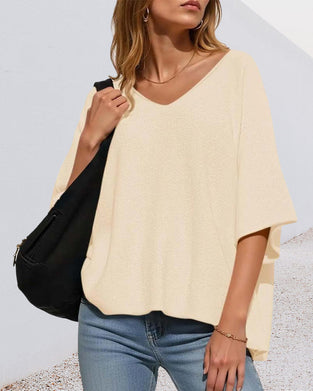 T-Shirt Col V Manche Chauve-Souris Unie