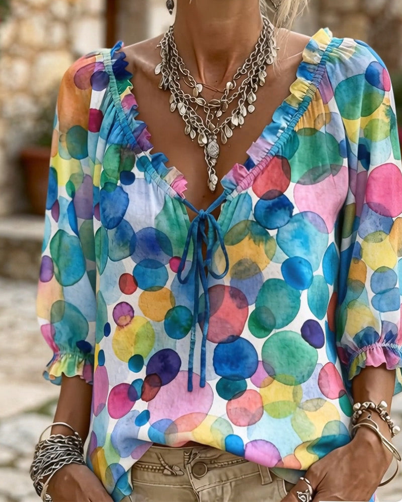 Blouse Col V À Manches À Volants