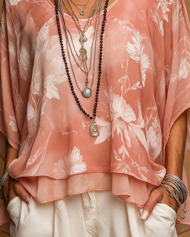 Blouse Florale Manche Chauve-Souris