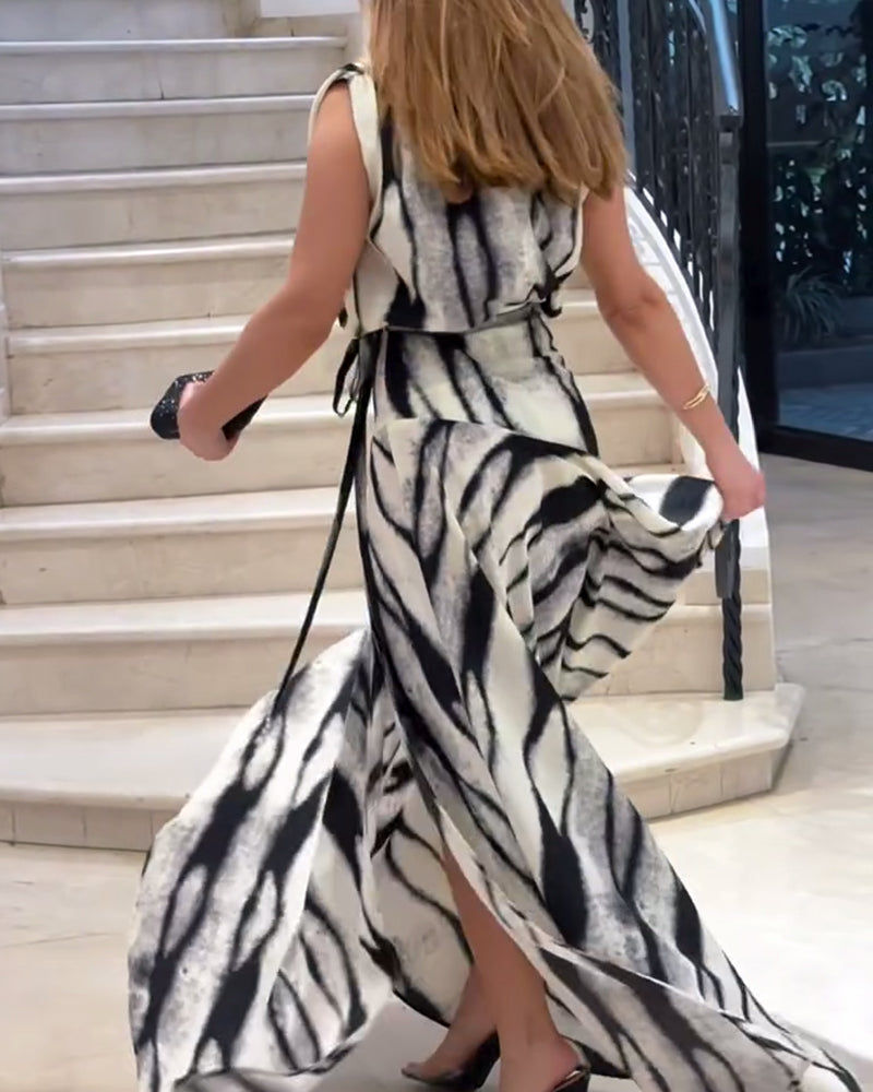 Robe Sans Manches Col En V Imprimée Fente Maxi