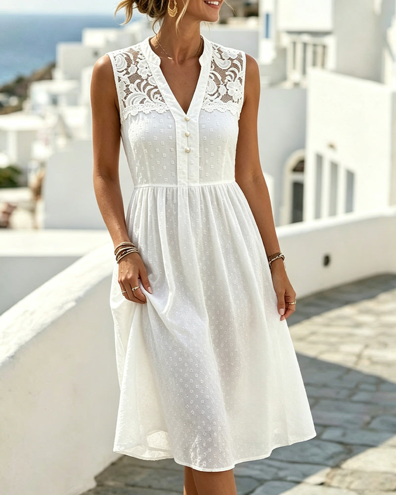 Robe Sans Manches Col V Dentelle Patchwork