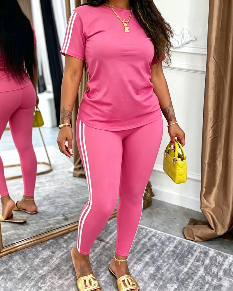 Ensemble Rayé Manches Courtes Pantalon Long Sport