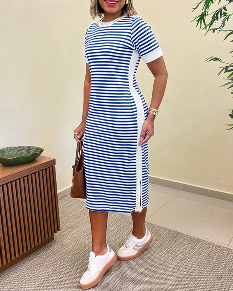 Robe Col Rond Rayé Bloc De Couleur Ajustée