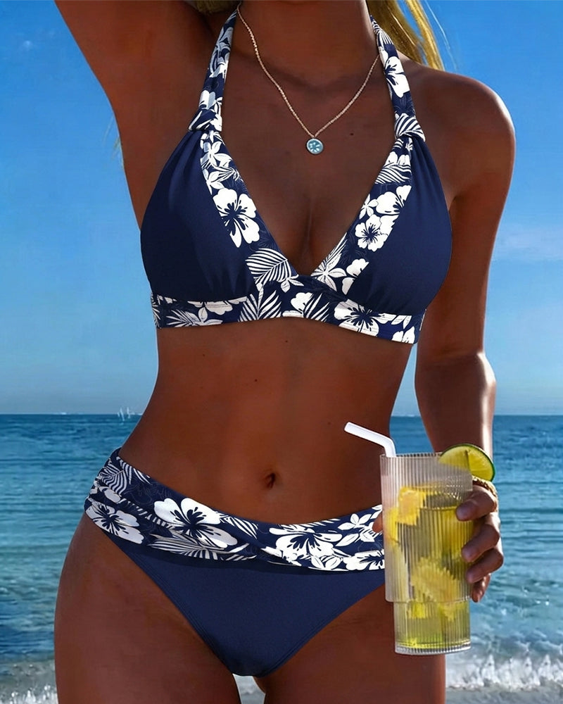 Bikini Profond V Bleu Blanc Imprimé Triangle