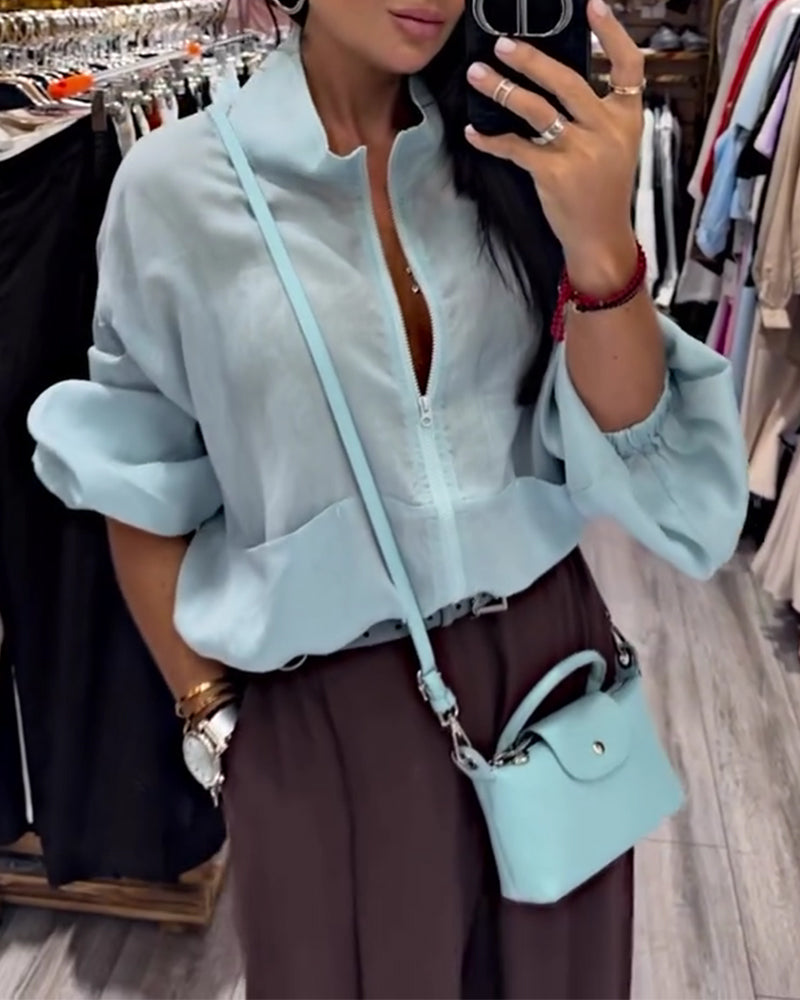 Manteau Unie Col Haut Fermeture Éclair
