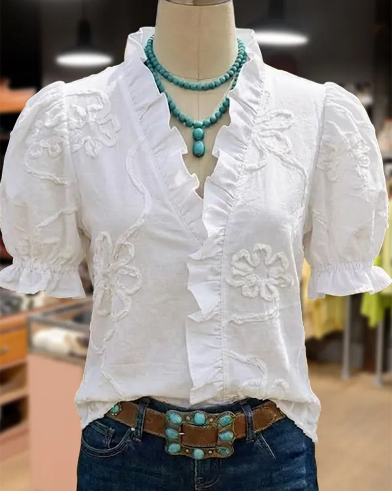 Blouse Col En V Bordure Volantée Manche Bouffante