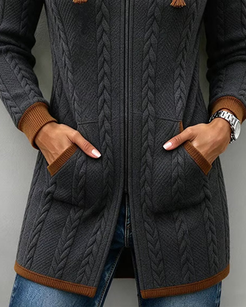 Manteau Blocs De Couleurs Tresse À Capuche Fermeture Éclair