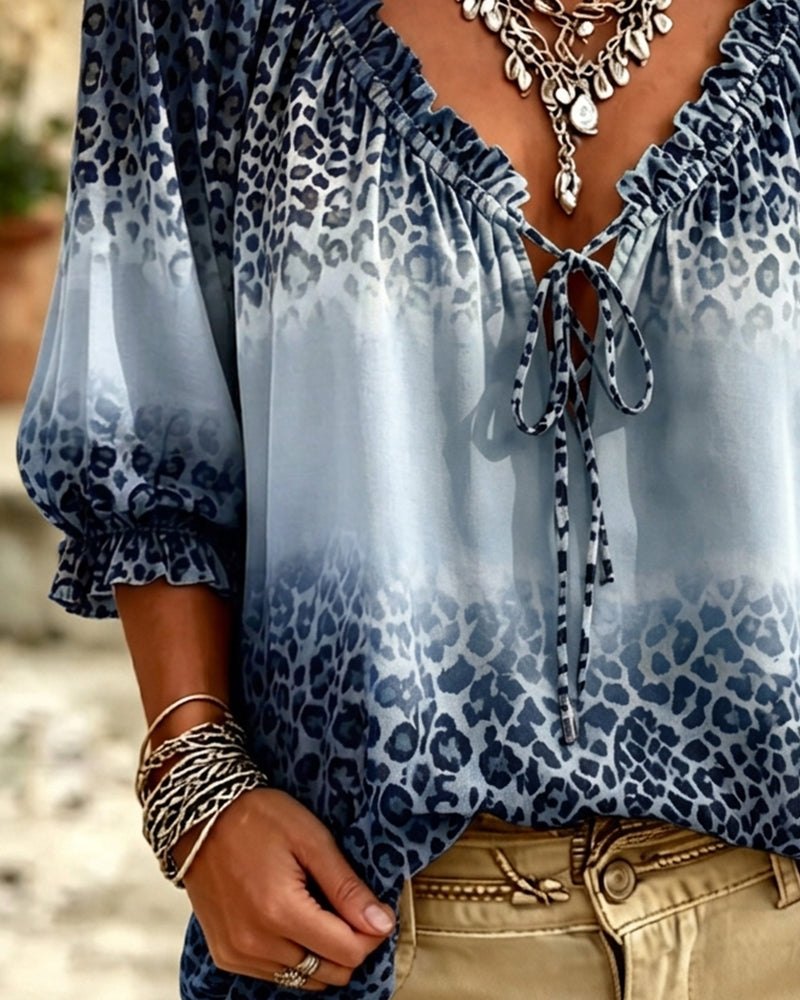 Blouse Col-V Imprimé Léopard Lacets