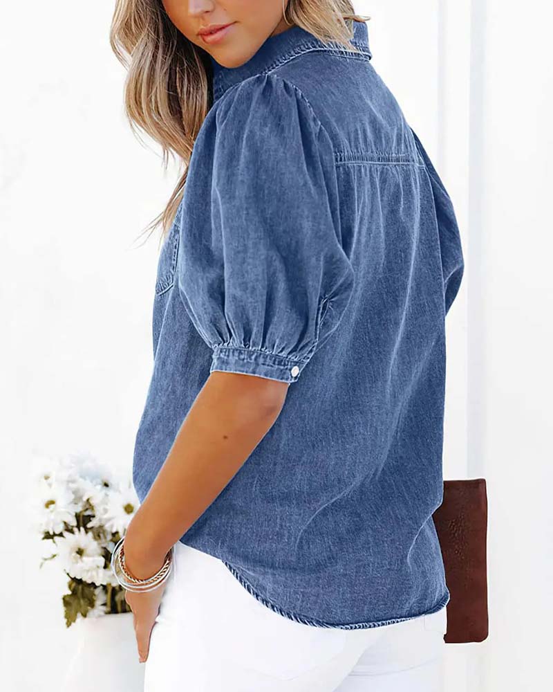 Chemise Bouton Pression Denim Manche Lanterne Lâche