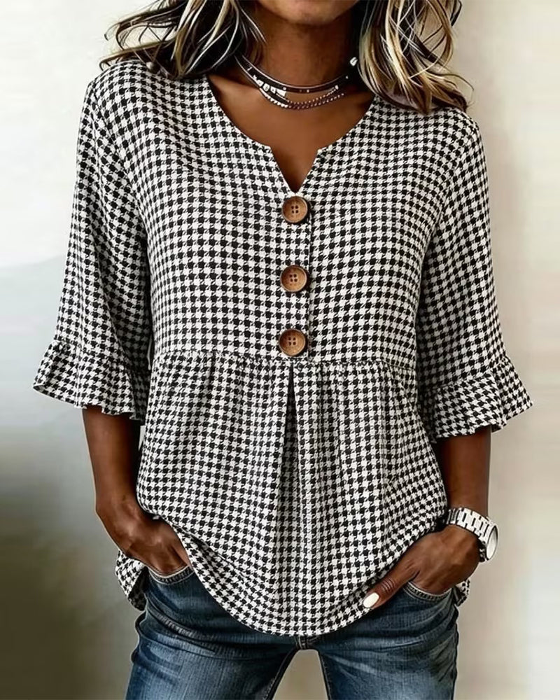 Blouse Pied-De-Coq Trois Boutons Décontractée