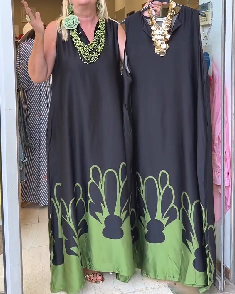 Robe Revers Sans-Manches Bloc-Couleur Jupe-Pleine