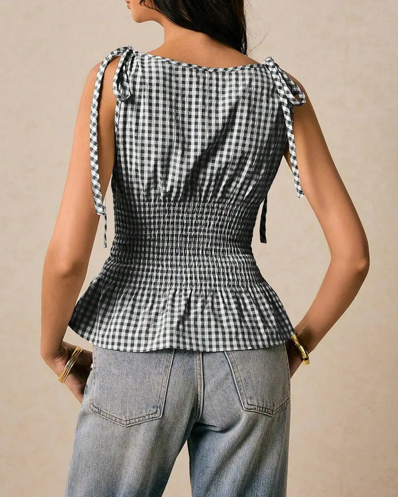 Blouse Sans Manches Écossais Attacher Taille