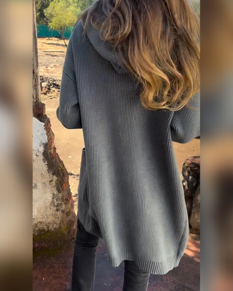 Cardigan décontracté à capuche avec poche boutonnée de couleur unie