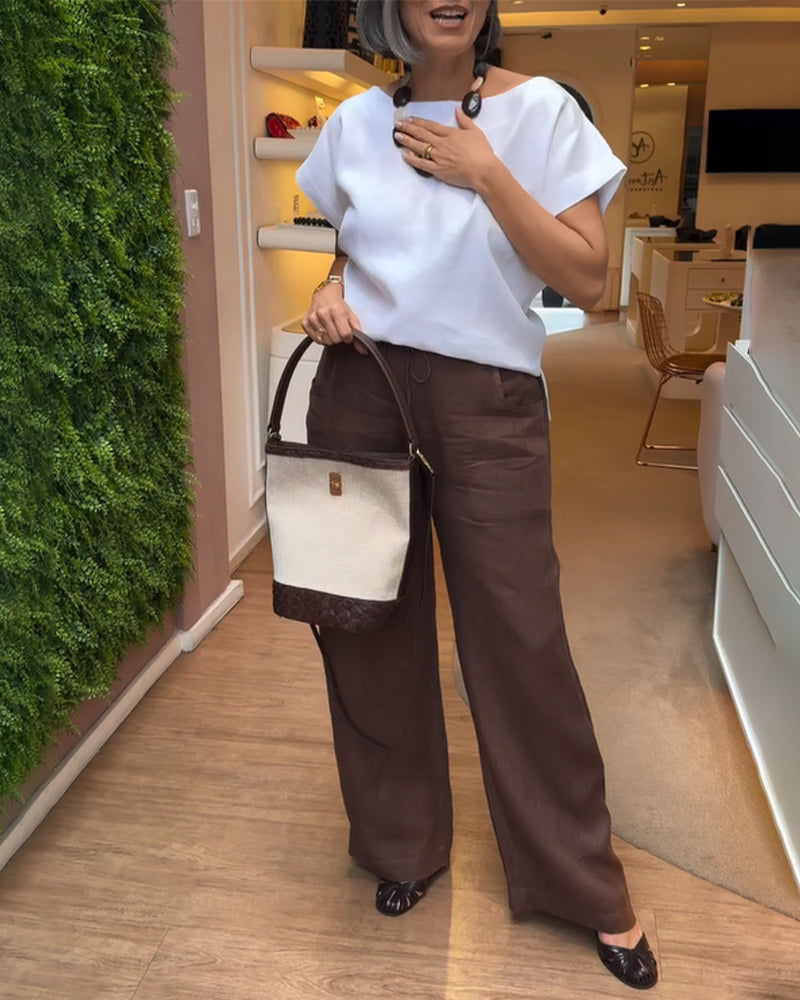 Pantalons à Jambes Larges de Style Casual en Couleur Uni et avec Cordon de Serrage