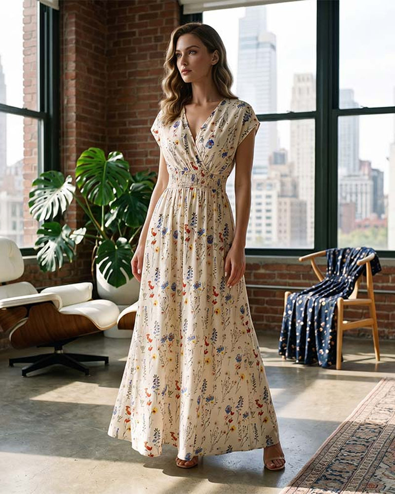 Robe Décontractée Col V Imprimée Longue Maxi