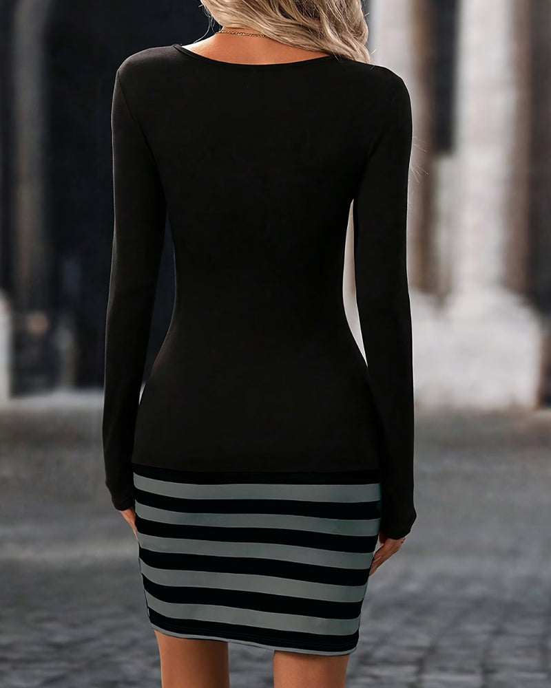 Robe Manches Longues Patchwork Rayure Bodycon