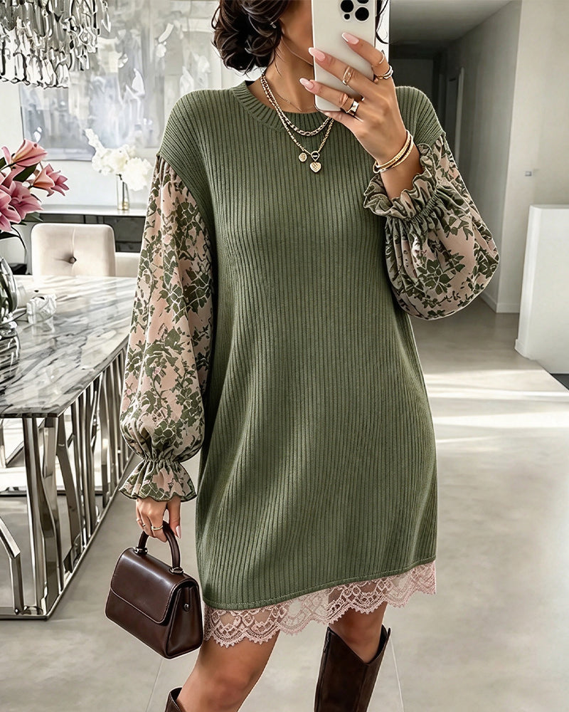 Robe Col Rond Côtelé Dentelle Patchwork Volant