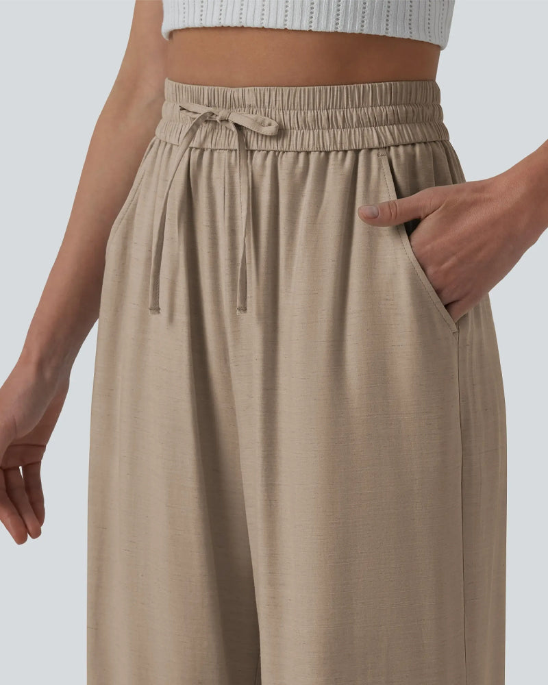 Pantalon Taille Élastique Jambe Large Attacher Décontracté