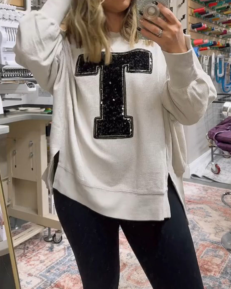 Sweatshirt Design T Paillettes Brodé Col Rond